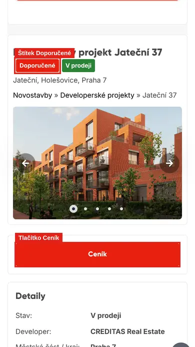 Stránka doporučeného projektu (mobil)